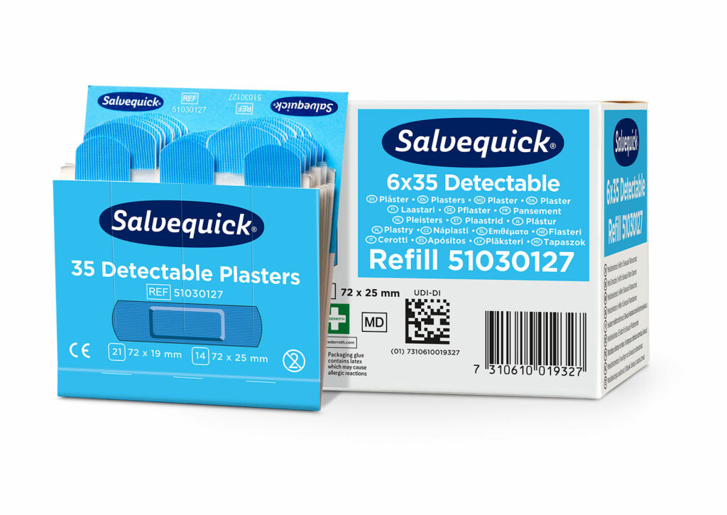 SALVEQUICK 6735CAP BLUE  DETECTABLE 35 STK./ PKG. 6 NACHFÜLLUNGEN FÜR SPENDERBOX